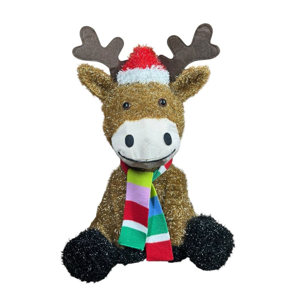 Christmas Tinsel Moose DOES NOT LIGHT UP 24" w/Scarf Santa & Hat Indoor Outdoor